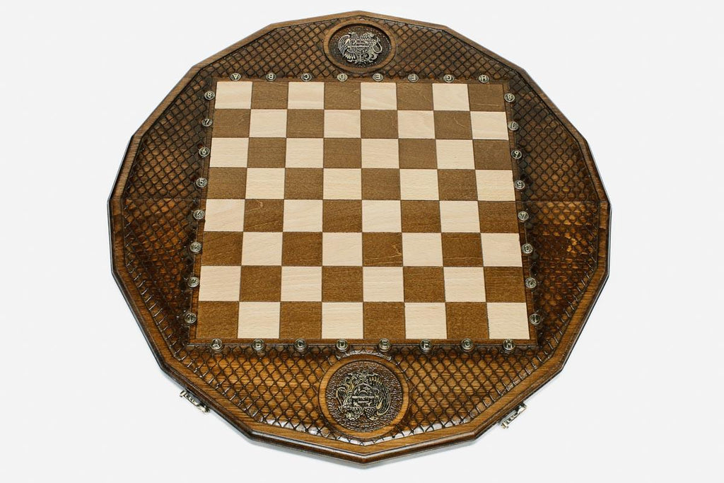 Overhead view of the lattice-carved board, coat-of-arms medallions and full bronze army