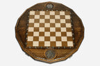 Overhead view of the lattice-carved board, coat-of-arms medallions and full bronze army