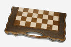 Classic chess and backgammon set shown folded with carry handle