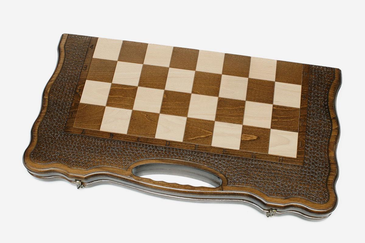 Classic chess and backgammon set shown folded with carry handle