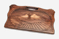 Carved beechwood backgammon board with Mount Ararat in a medallion and a carry handle, propped open
