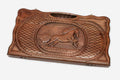 Carved beechwood backgammon board with a horse medallion and a carry handle, propped open