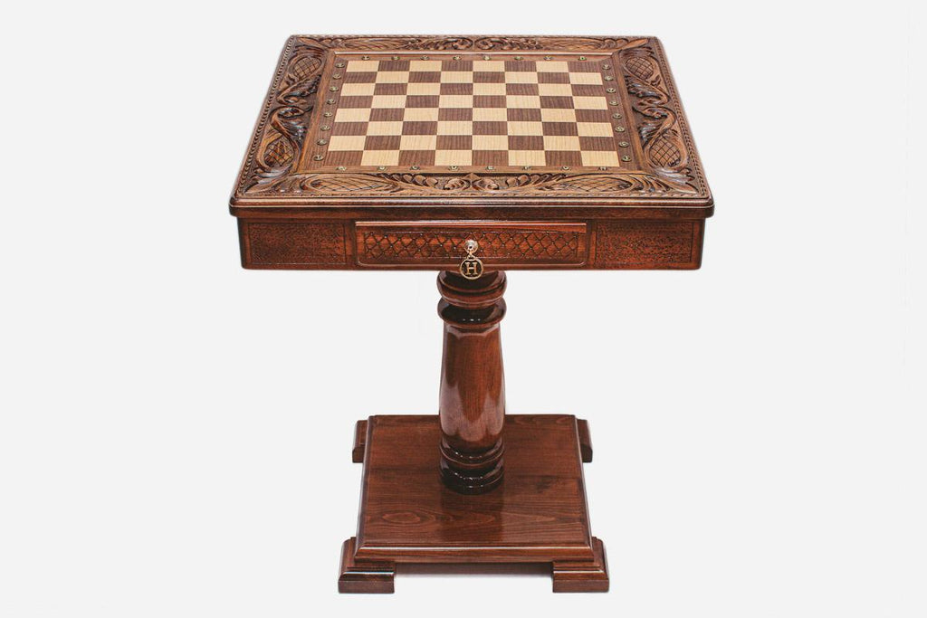 Carved chess table, side profile