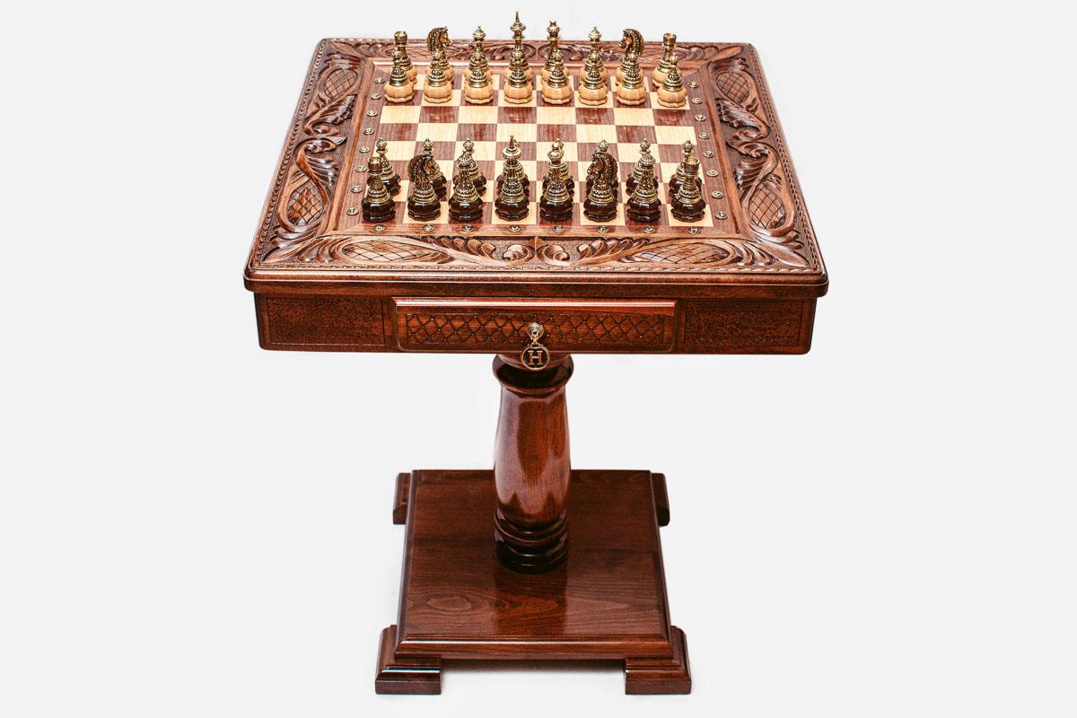 Carved Beech Chess Table with Bronze Pieces II
