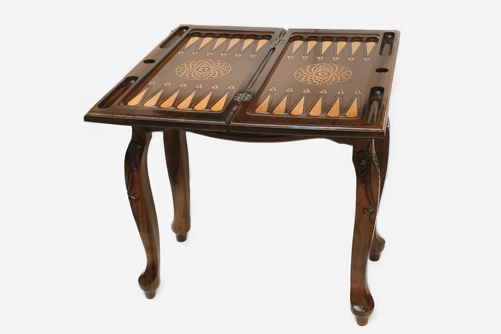 Handle Celtic Knot Ornament backgammon table opened flat with checkers set up