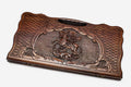 Carved beechwood backgammon board with Saint George slaying the dragon and a carry handle, propped open