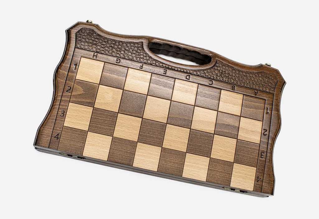 Angled view of the classic folding chess set with its wooden pieces