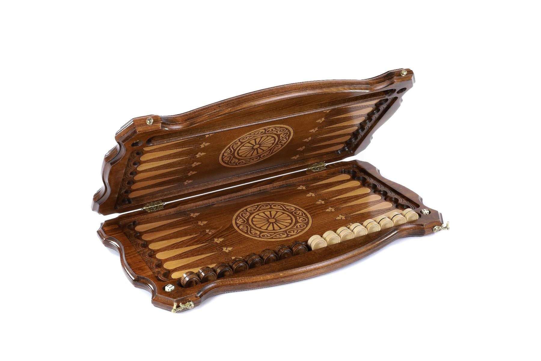 The interior view of the open Hrachya Ohanyan Tutankhamun set highlighting the polished wood finish and professional playing field.
