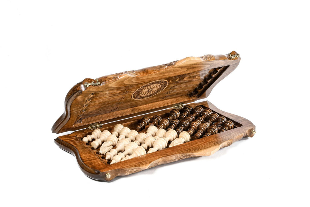 Carved Chess Set & Backgammon Board With Braid Pattern 50 cm | 19.7" - Unumperfectus