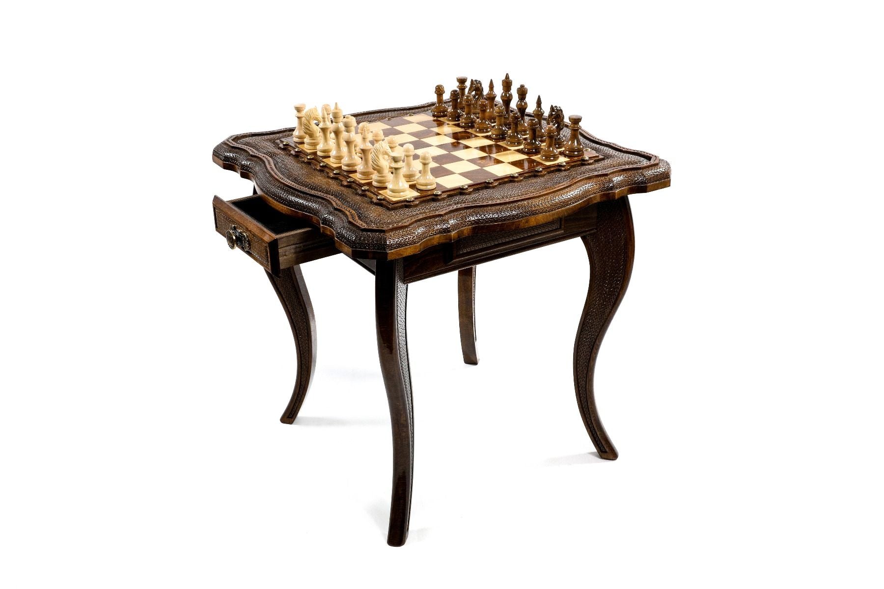 Side view of the carved wooden chess table highlighting the detailed carvings on the legs and frame.