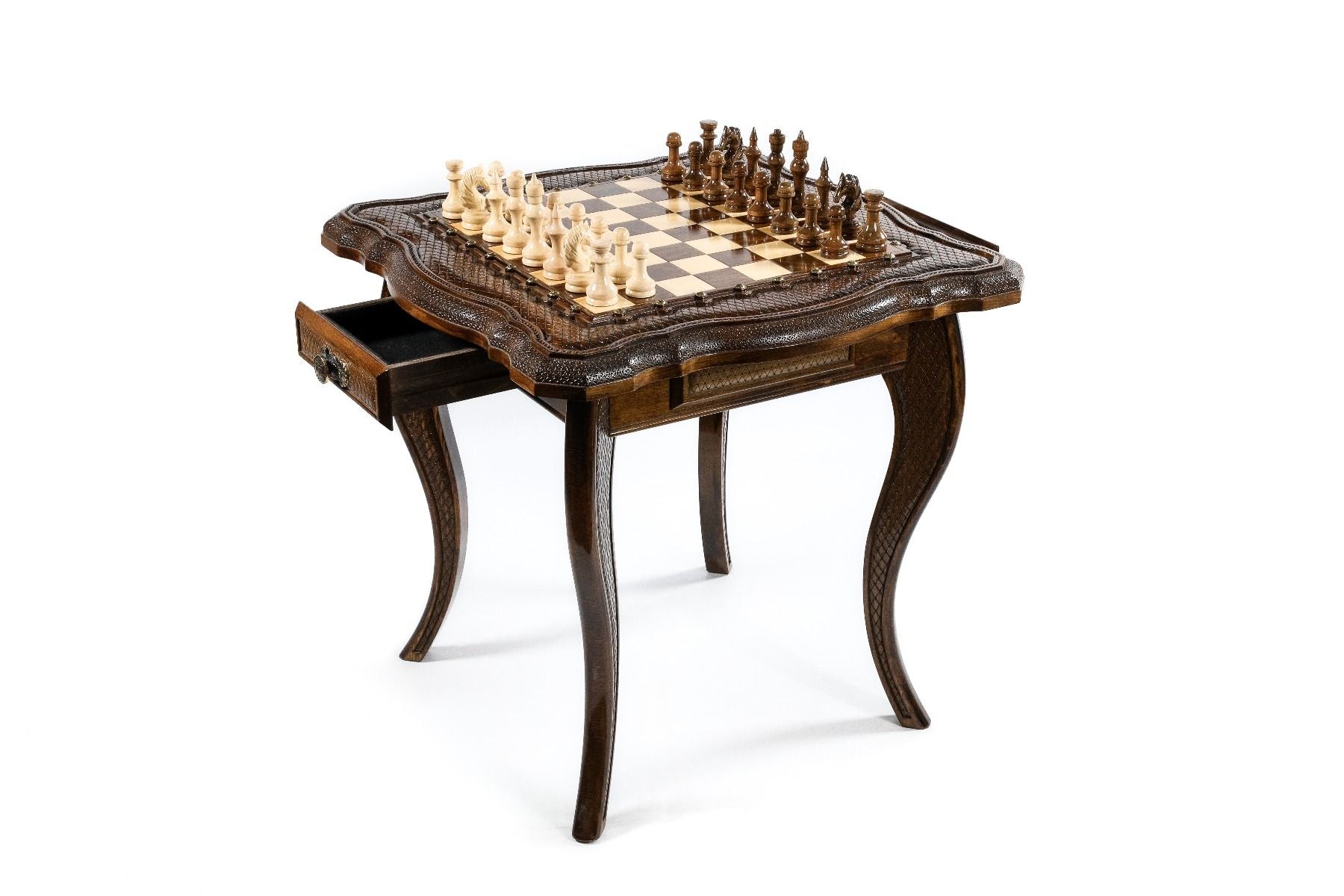 Luxury wooden chess table displayed in an elegant setting, highlighting its sophisticated design by Hrachya Ohanyan.
