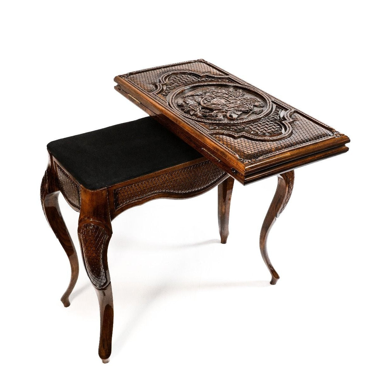 View of the wooden backgammon table in its closed position, showcasing the craftsmanship.
