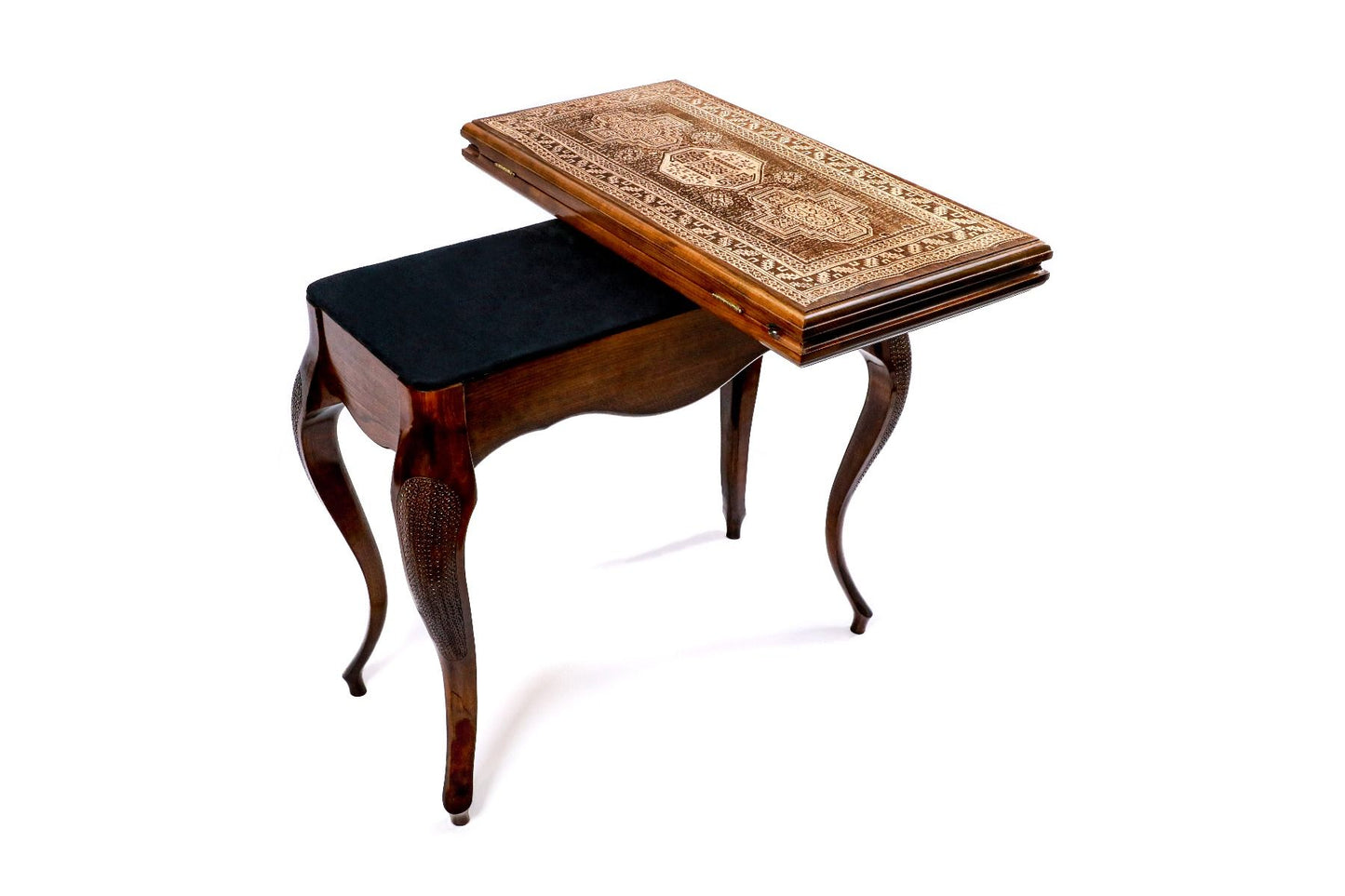 Detail of the handcrafted wooden frame and the incorporation of Armenian carpet ornament design elements