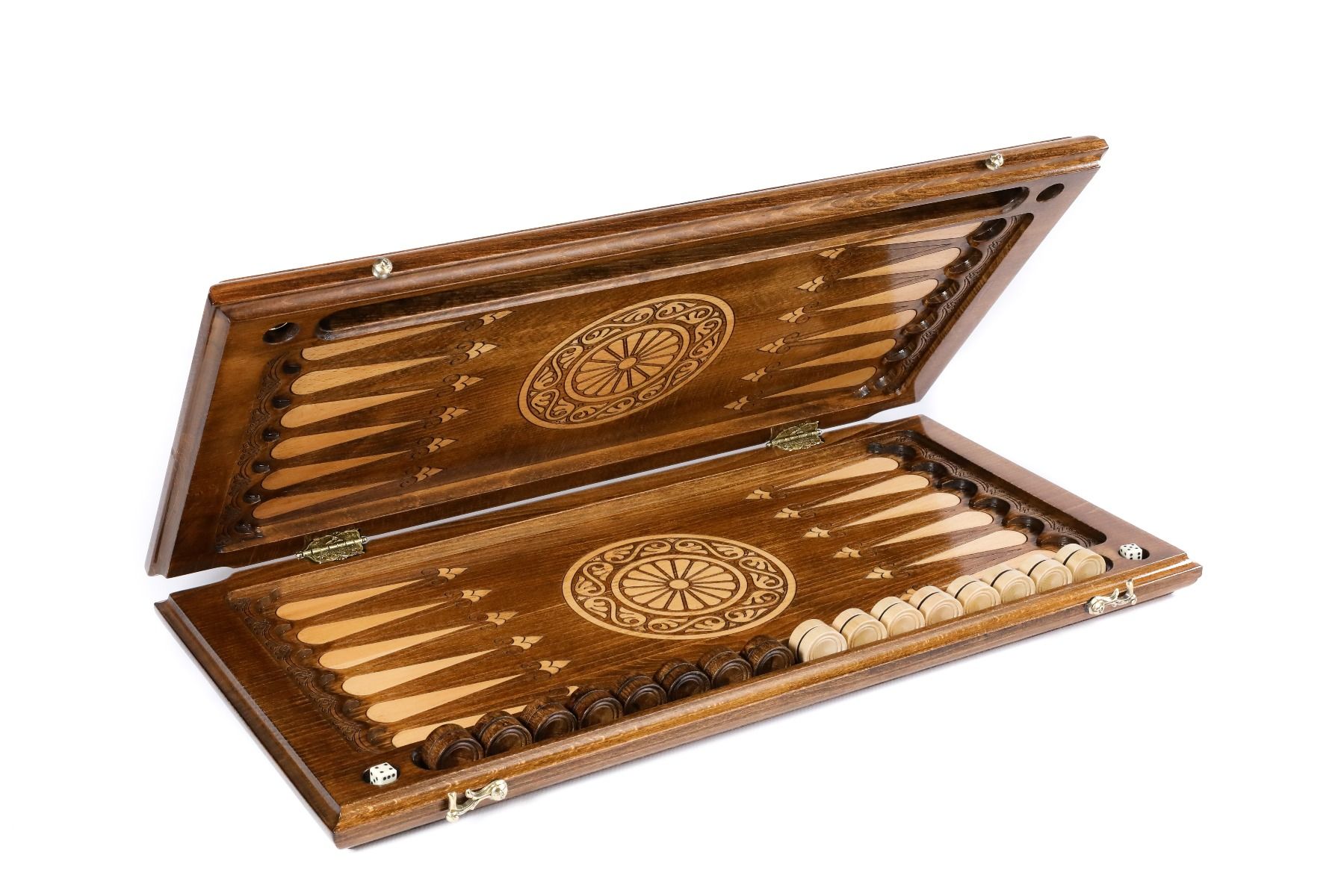 Open Armenian backgammon set displaying the smooth interior playing surface and setup.