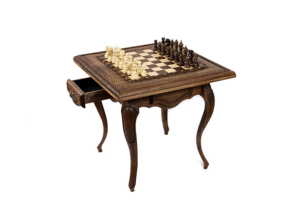 Side view of the elegant wooden chess table, a creation of Hrachya Ohanyan