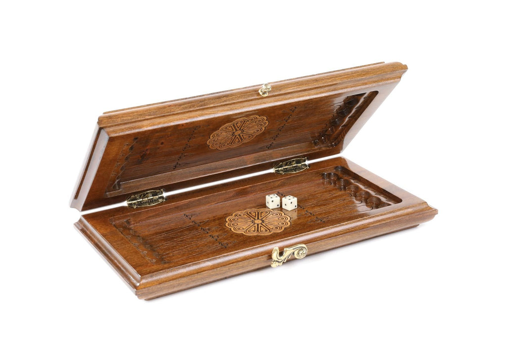 Small wooden backgammon board with classic ornamental pattern
