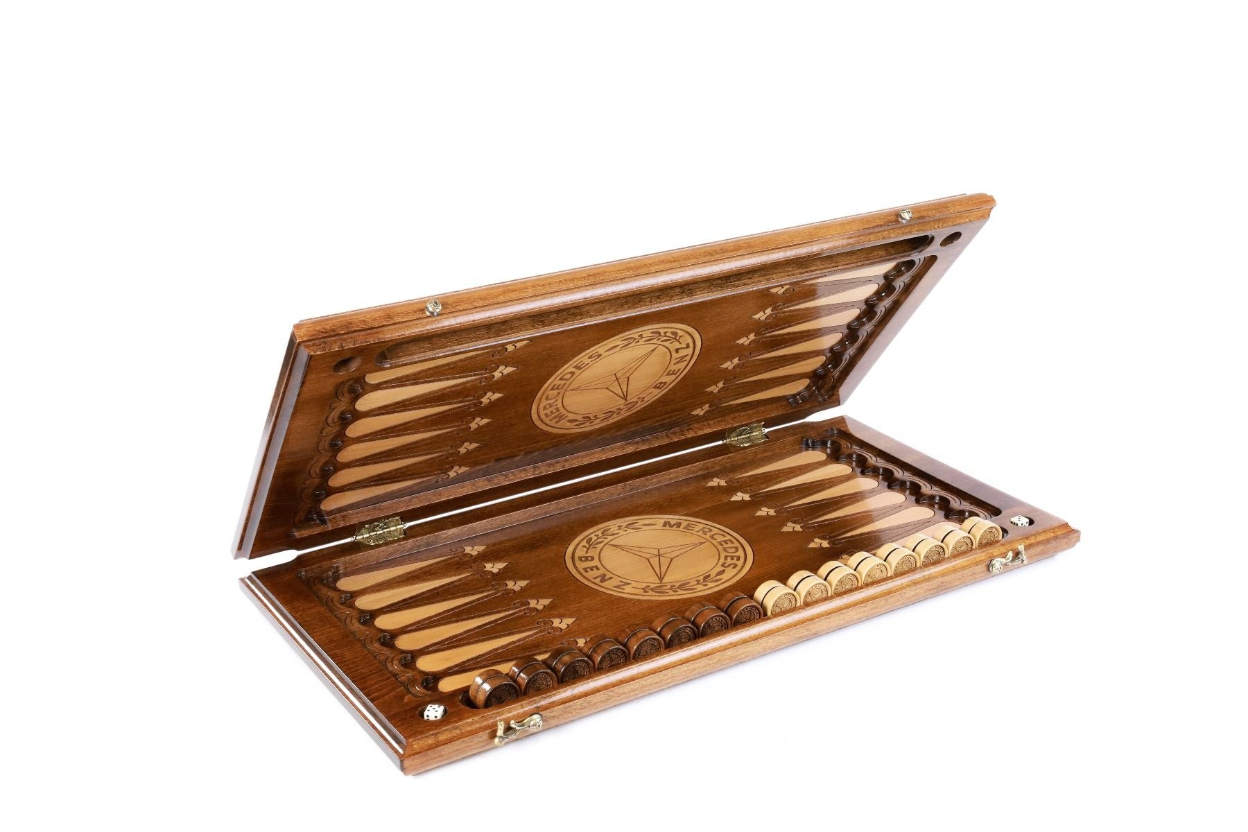 The interior view of the open Hrachya Ohanyan Mercedes set highlighting the smooth wood finish and professional playing lanes.