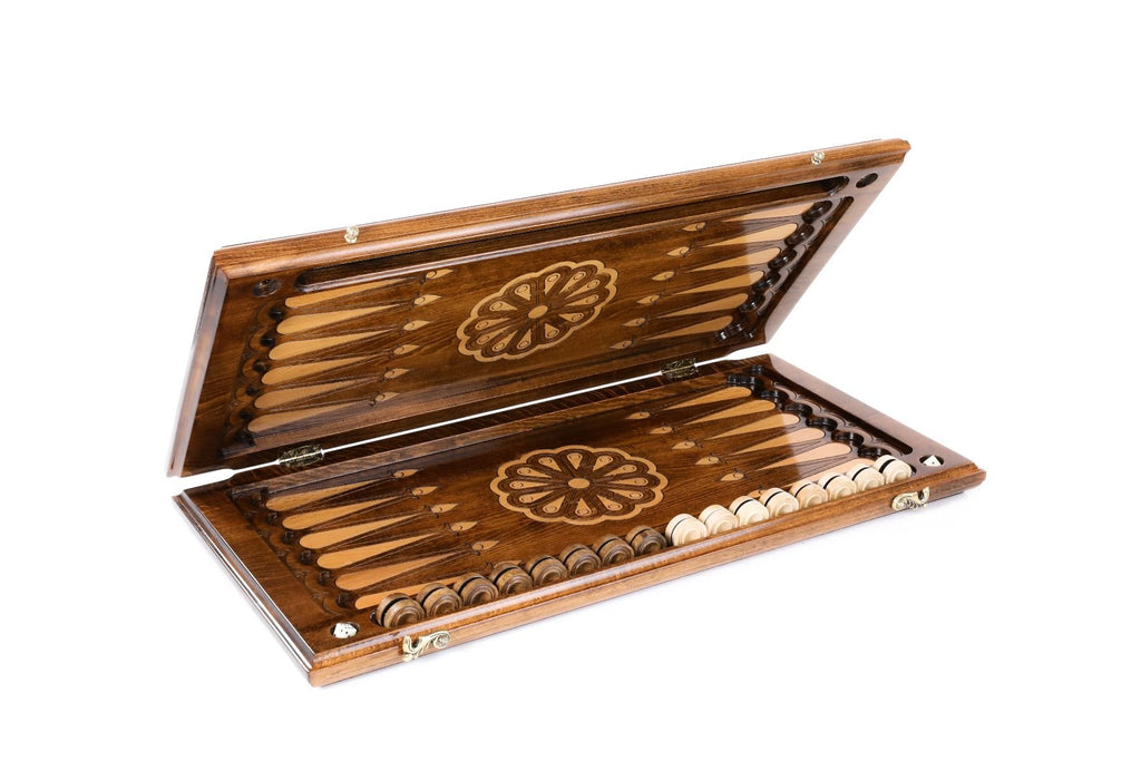 Large wooden backgammon board with symbolic wolf craftsmanship