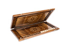 Large wooden backgammon board with symbolic wolf craftsmanship