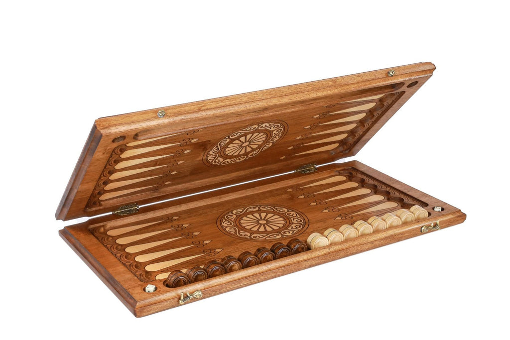 The interior view of the open Hrachya Ohanyan currency set highlighting the smooth wood finish and professional pips.

