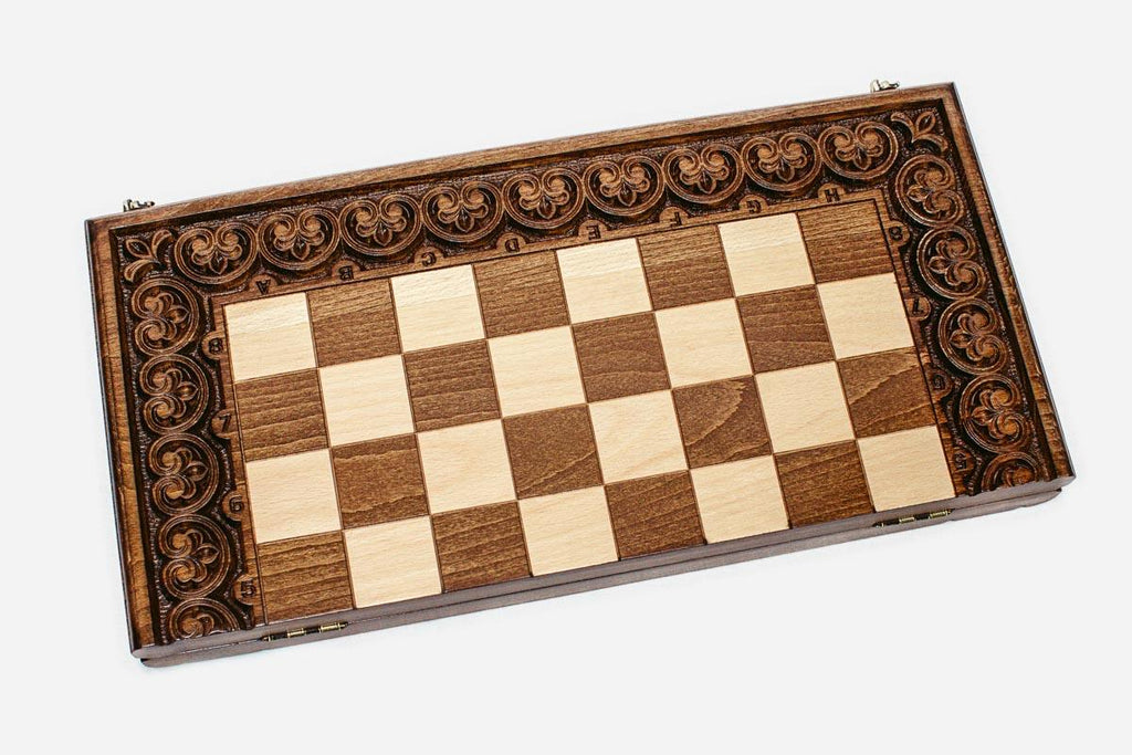 Ornamental Rosette chess set shown folded with carry handle