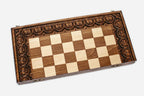 Ornamental Rosette chess set shown folded with carry handle