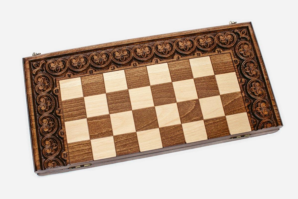 Ornamental Rosette chess set shown folded with carry handle