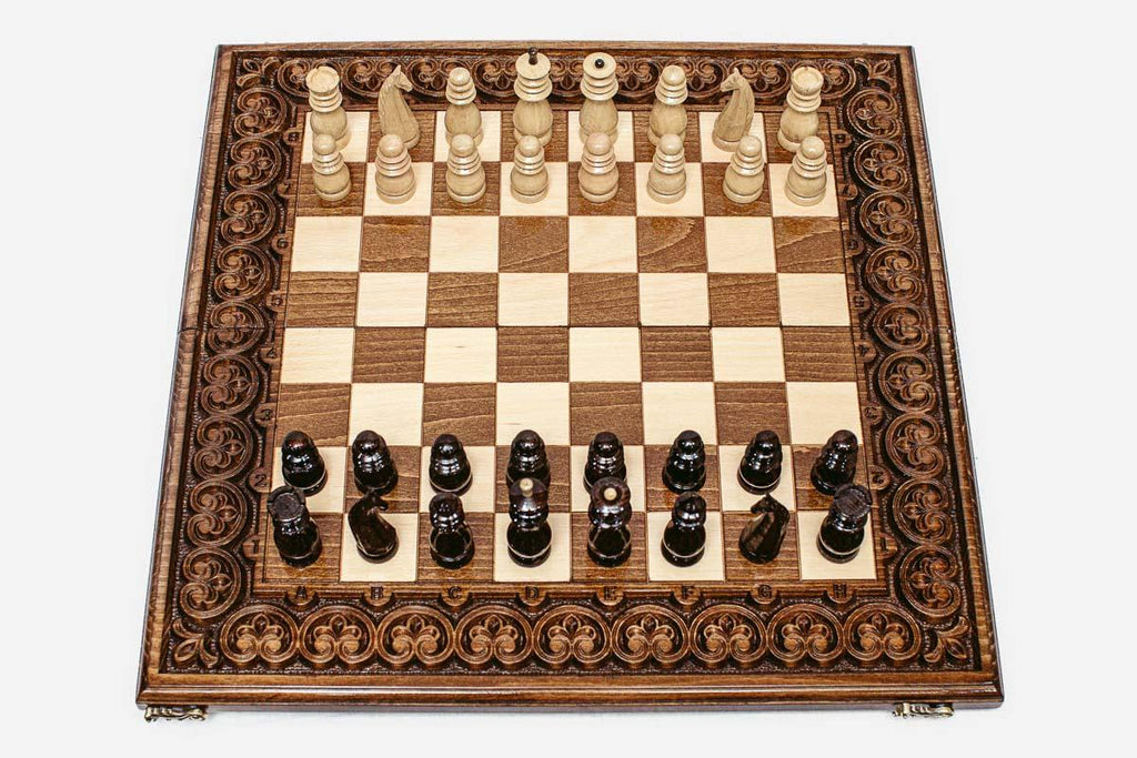 Large Ornamental Rosette Beech Chess Set
