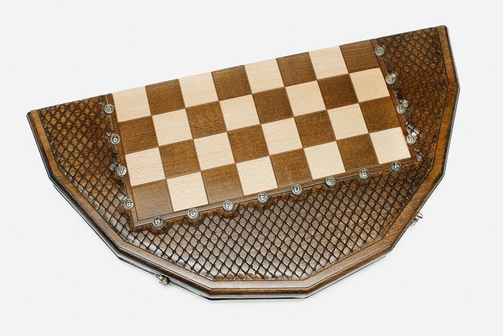 The sixteen-corner folding board shown half-open, revealing its many-sided shape