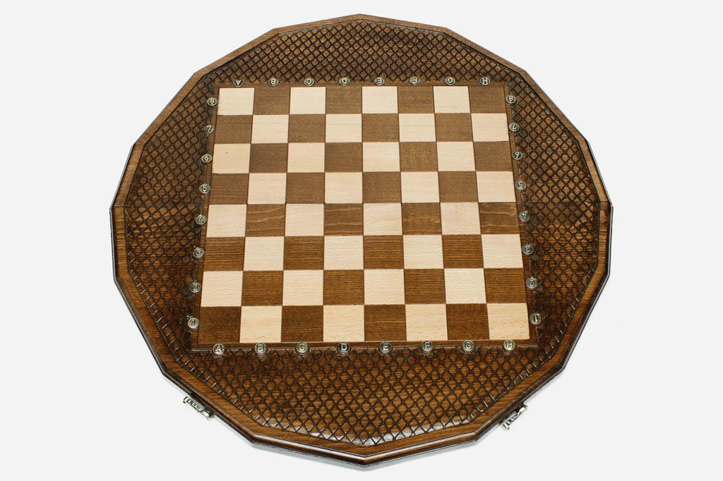 Angled view of the sixteen-corner chess set with its wooden pieces