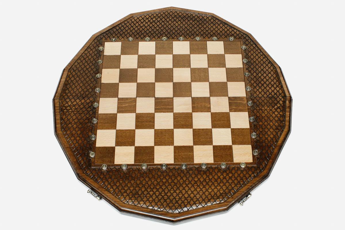Angled view of the sixteen-corner chess set with its wooden pieces