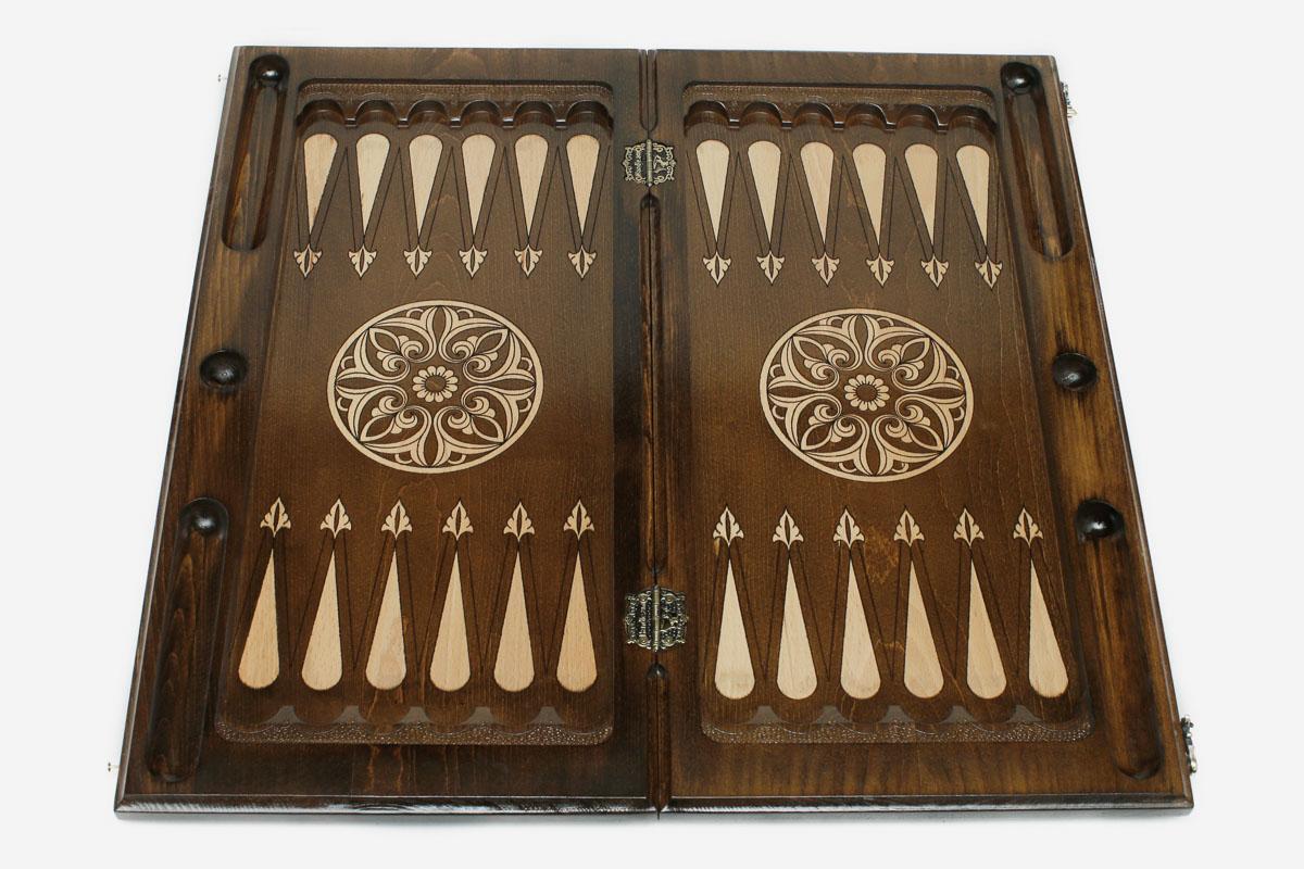 Ornamental Rosette chess set shown folded with carry handle