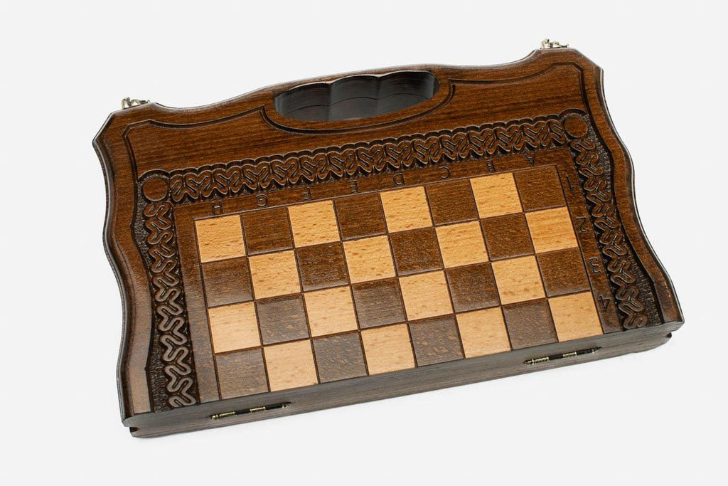 Lattice chess and backgammon set shown folded with carry handle