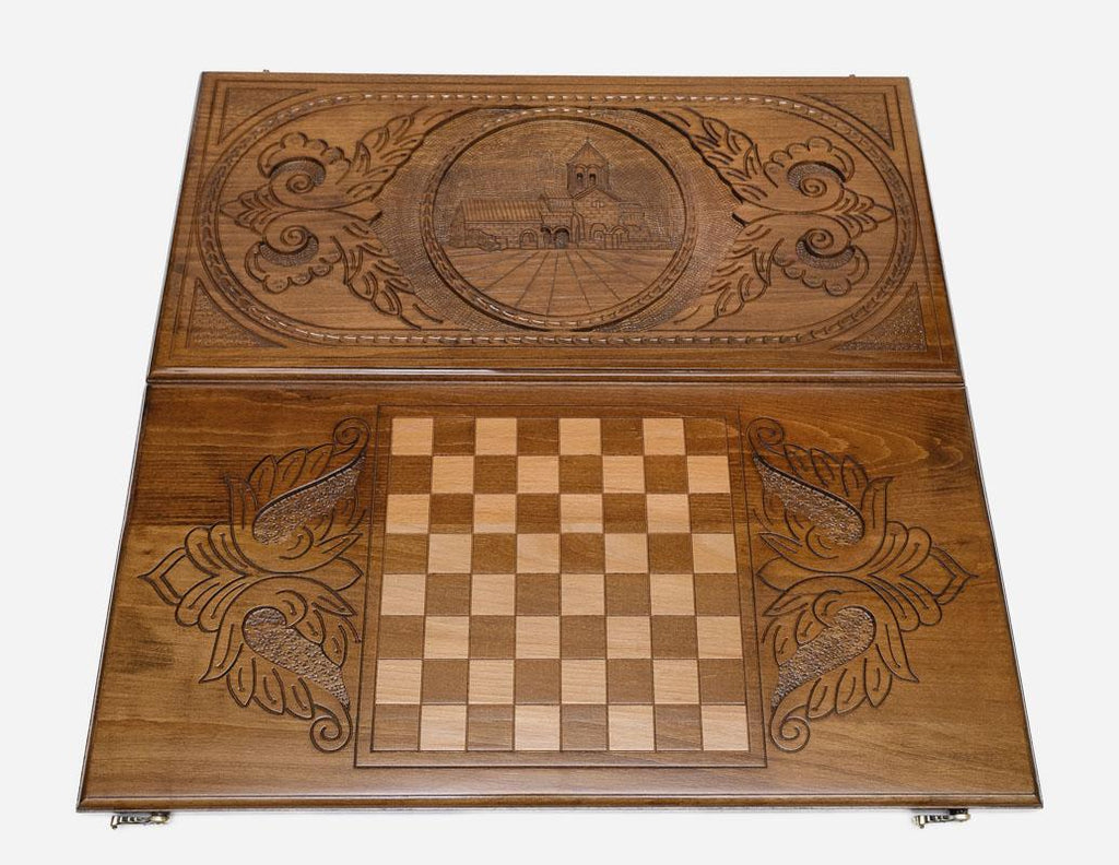 Armenian Backgammon Set - Vahanavank Monastery - handmade wooden backgammon board