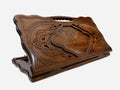 Carved beechwood backgammon board with the Sanahin Monastery in a medallion and a carry handle, propped open