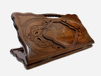 Carved beechwood backgammon board with the Sanahin Monastery in a medallion and a carry handle, propped open