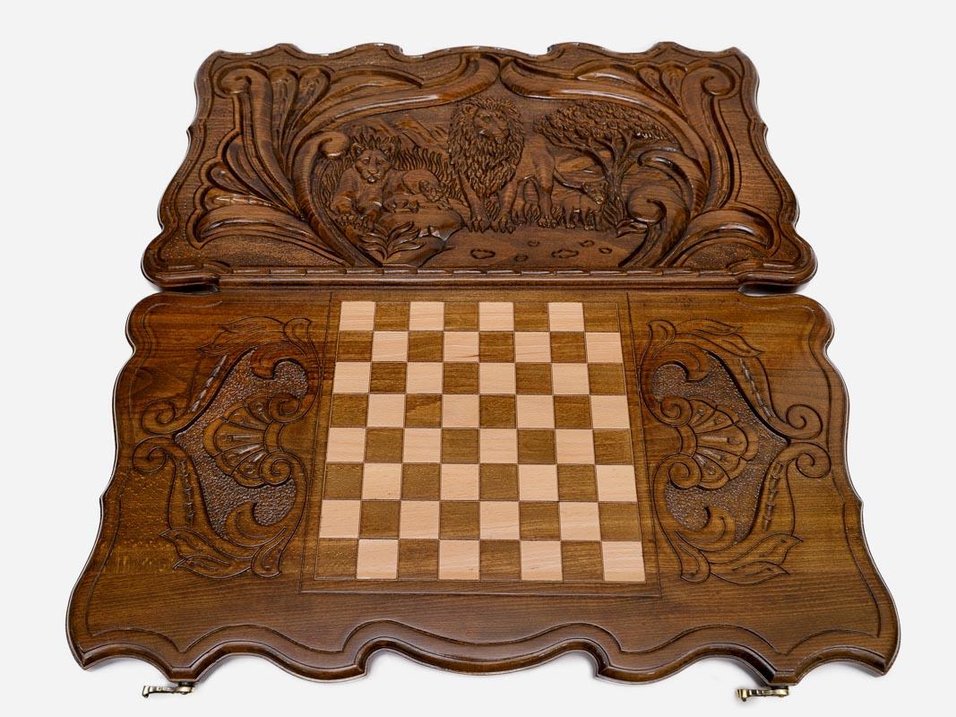 Backgammon Set Lion Family - handmade wooden backgammon board