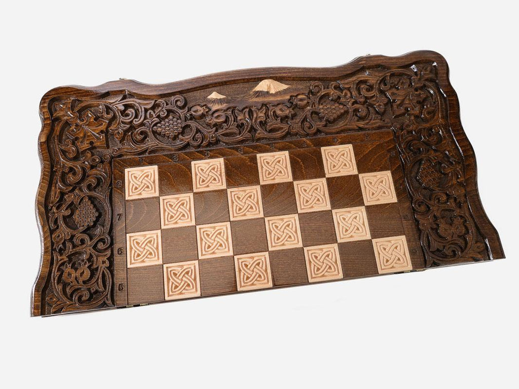 Mount Ararat, Pomegranate and Grapevine chess set shown folded with carry handle