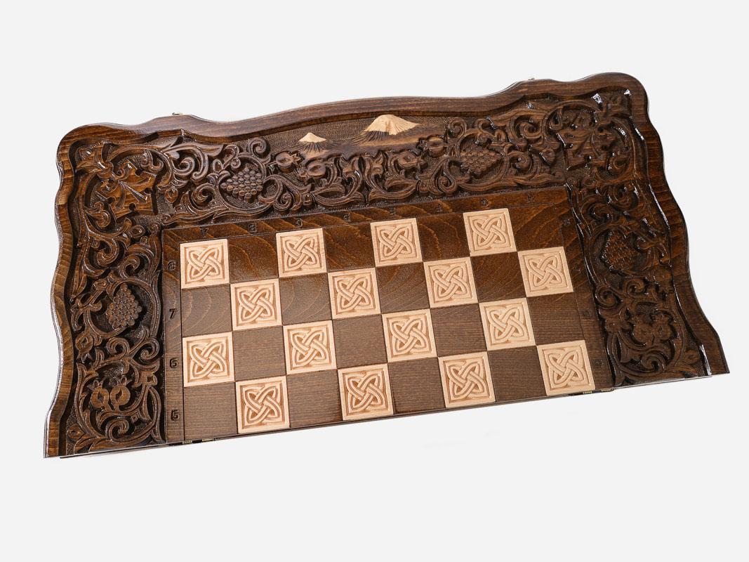 Mount Ararat, Pomegranate and Grapevine chess set shown folded with carry handle
