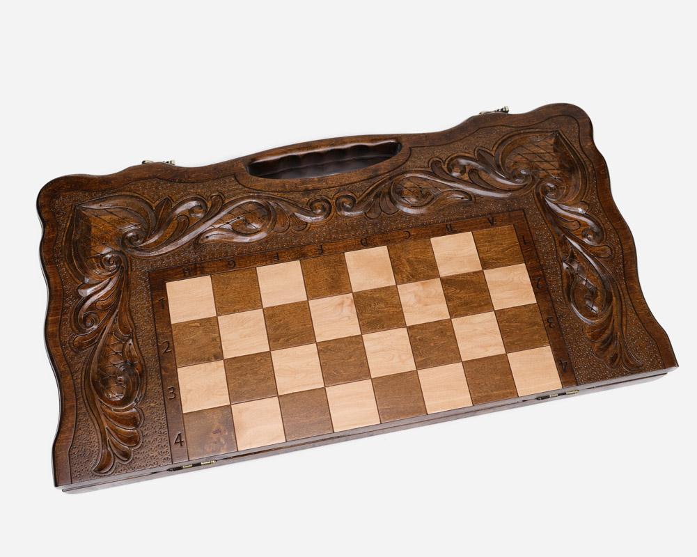 Heart Motif chess and backgammon set shown folded with carry handle