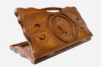 Carved beechwood backgammon board with a perched eagle medallion and a carry handle, propped open
