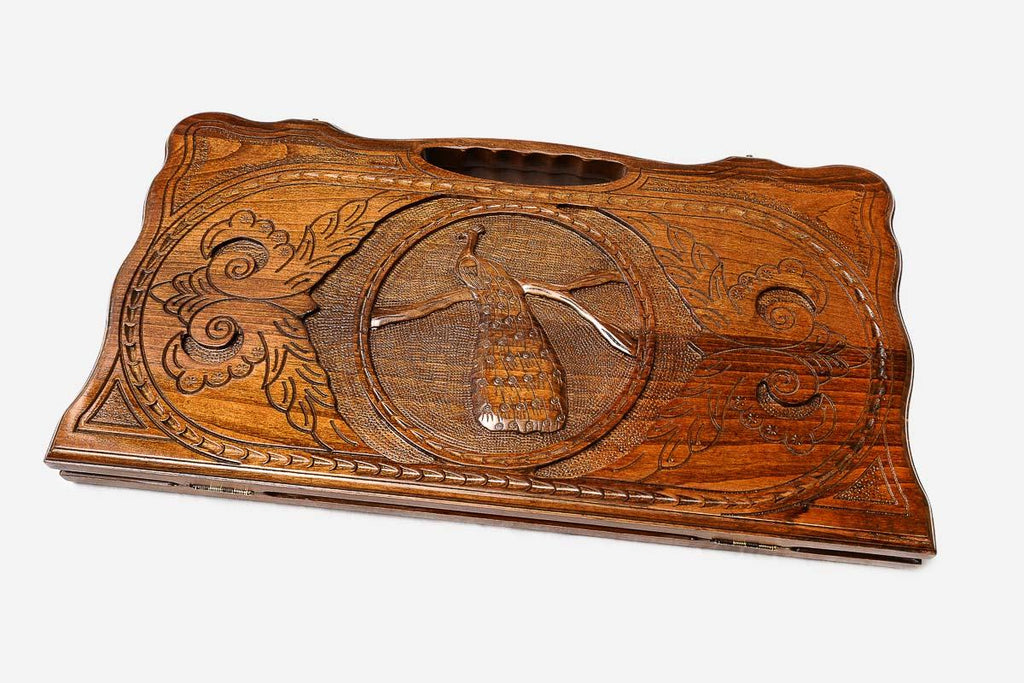 Backgammon Set Peacock & Sun - handmade wooden backgammon board