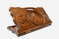 Carved beechwood backgammon board with the Temple of Lalish in a central medallion and a carry handle, propped open