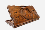 Carved beechwood backgammon board with the Temple of Lalish in a central medallion and a carry handle, propped open