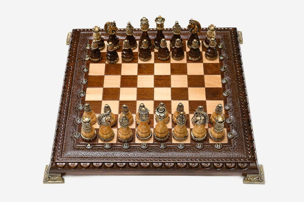 Carved Beech Chess Set with Bronze Pieces