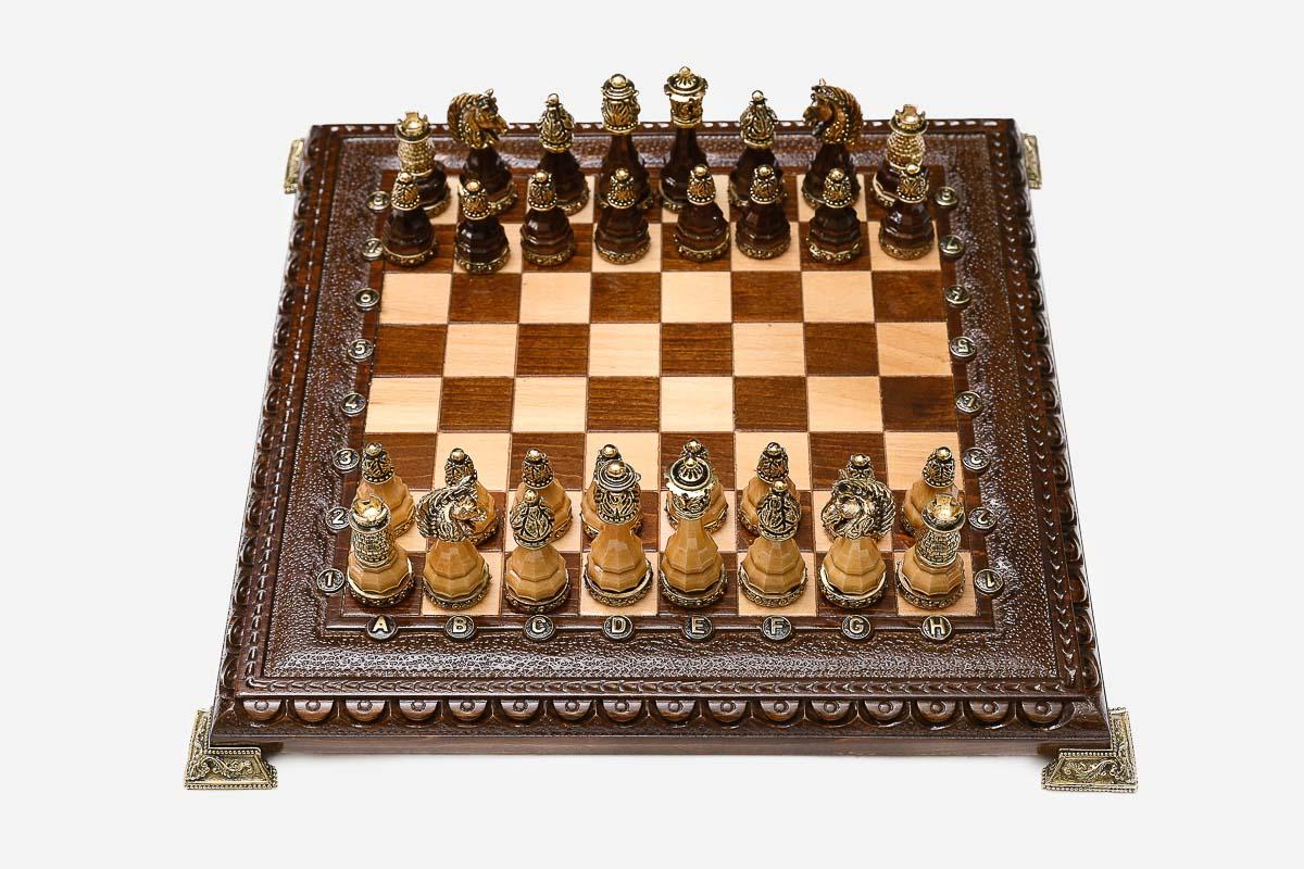 Carved Beech Chess Set with Bronze Pieces