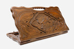 Carved beechwood backgammon board with a regal lion medallion and a carry handle, propped open