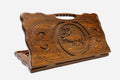 Carved beechwood backgammon board with a stag medallion and a carry handle, propped open