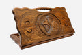 Carved beechwood backgammon board with a lion head medallion and a carry handle, propped open
