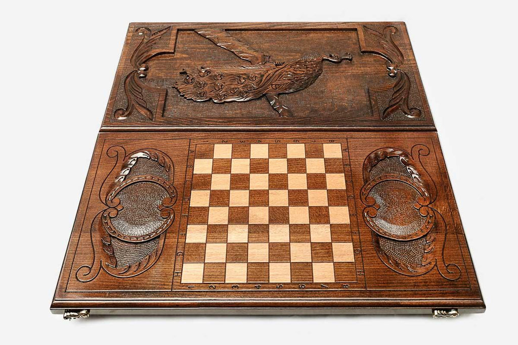 Backgammon Set Peacock - handmade wooden backgammon board